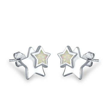 Stars Stud Earrings Lab Created White Opal 925 Sterling Silver (9mm)